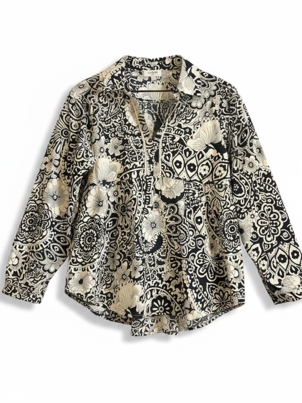 Umgee Black White Floral Long Sleeve Cotton Boho Babydoll Top Small